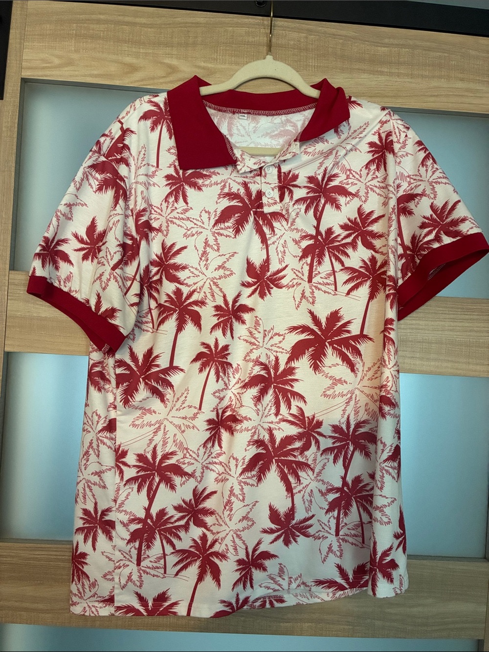 SHEIN Red and White Palm Tree Print Polo Shirt